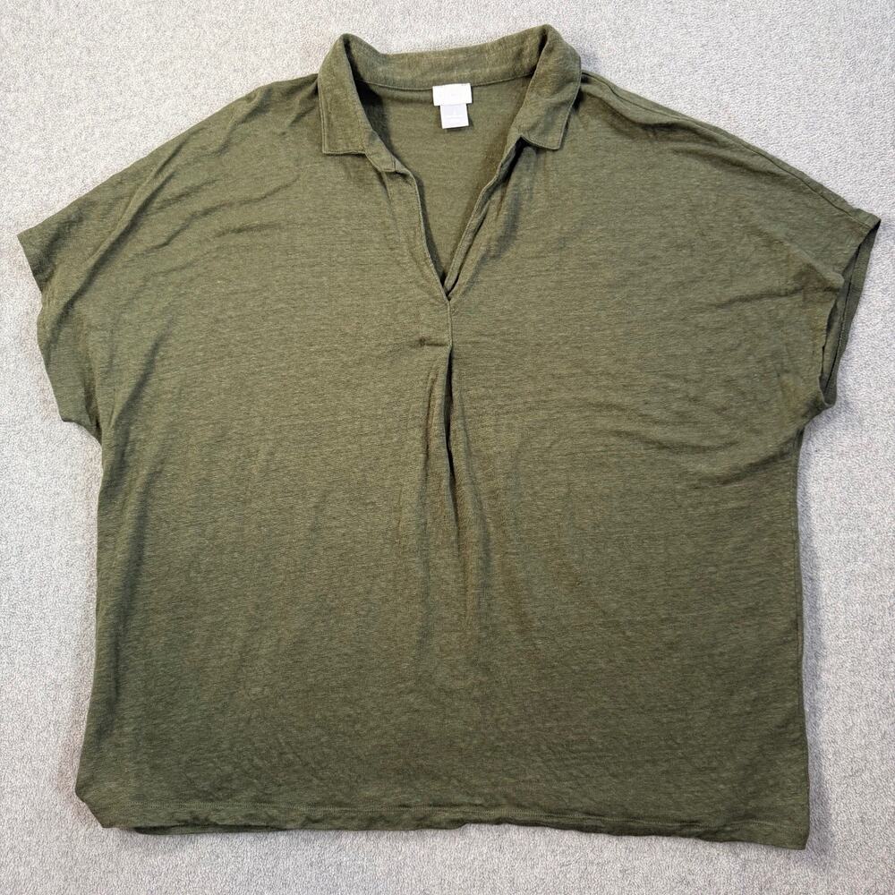 Chico's Women's Size 4 (XXL) Olive Green 100% Linen Dolman Short Sleeve Blouse